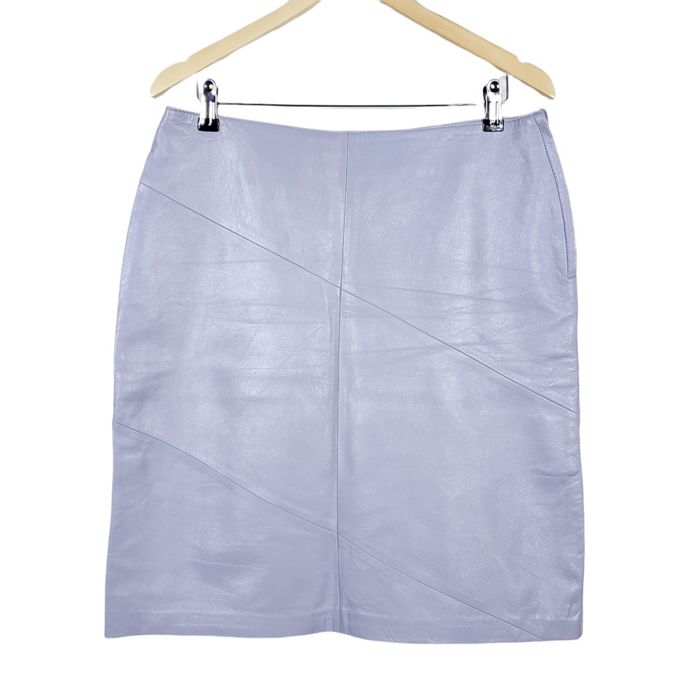 Rem Garson Skirt 12 Light Gray Genuine Leather Pencil Straight Lined Above Knee